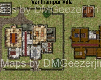 D&D VTT Map, Vanthampur Villa, Noble Villa Battle Map. TTRPG digital map, Building and Interior map