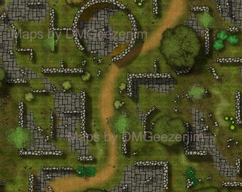 Outdoor Ruins map VTT map, RPG map, D&D digital battle map. Forested Ruins map. Including Adventure Guide