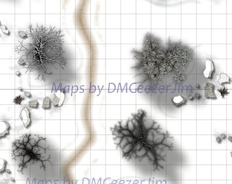 D&D battle map, snow map, snowy woods map, Day and Night Version, VTT digital map for RPG and Tabletop use.
