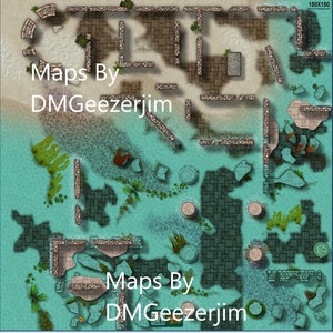 Carte de bataille D&D côtière sous-marine, carte RPG aquatique en plein air, carte côtière numérique prête pour VTT. Carte numérique en couleur des ruines côtières/océaniques.