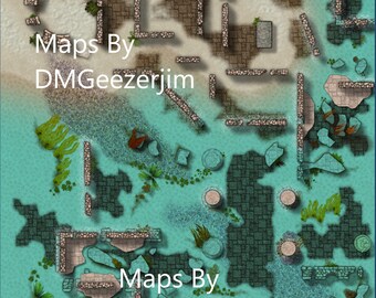 Underwater Coastal D&D battle Map, outdoor aquatic RPG map, VTT ready digital coastal map.  Digital full color coastal/oceanic ruins map.