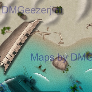 Strijdkaart strand of oceaan voor D&D. Shipwreck Shore battlemap voor gebruik in RPG en VTT. Digitale kaart, oceaankaart voor buiten