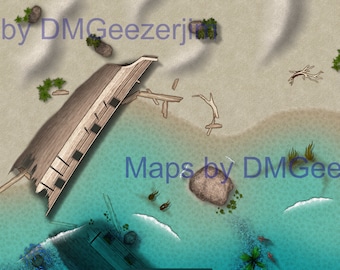 Beach or Ocean shore battlemap for D&D. Shipwreck Shore battlemap for RPG and VTT use. Digital map, outdoor Ocean map