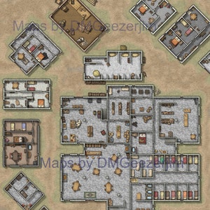 Stadsgevechtskaart, VTT RPG-nederzettingskaart. Strijdkaart voor D&D-nederzettingen. Interieur bouwplannen, VTT gereed. Stadsinformatiegids inbegrepen