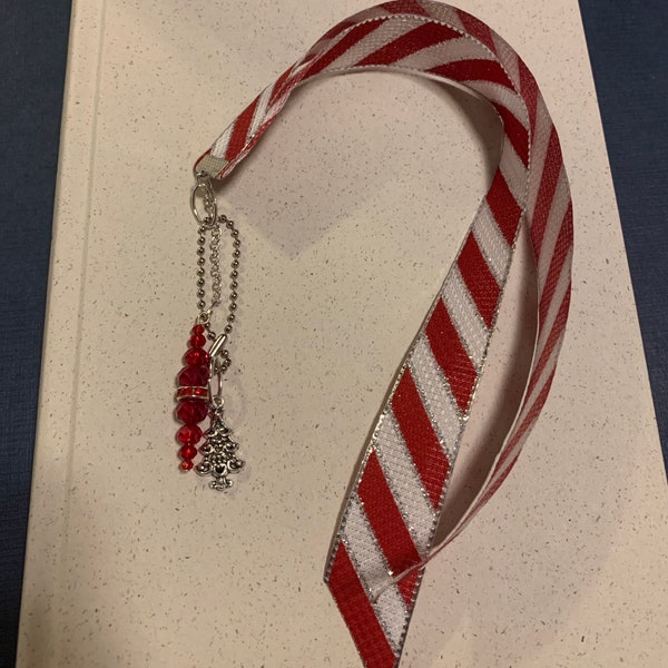 Christmas Ribbon Bookmark with Christmas tree and Red Beads Charm, Book Mark, Red/White Stripe, Great Gift Idea!