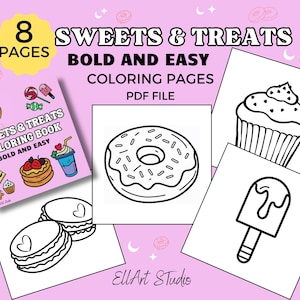 Sweets Bold and Easy Coloring Pages | Sweet Treats Easy Coloring Book for Stress Relief | Instant Download PDF | Digital Bold Coloring Pages