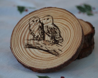 Set of Wooden Owl Engraved Drinks Coaster