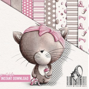 Kitty girl / birthday card / invitation / PNG clipart / seamless patterns / jpg files / printable / scrapbooking / free commercial use