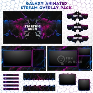 Pacote de sobreposição de fluxo animado Galaxy | Pacote de sobreposição do Space Twitch | Pacote de sobreposição de fluxo animado do tema Galaxy | Painéis Twitch | Pacote YouTube