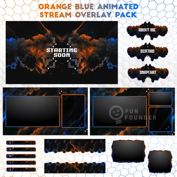 Orange Blue Animated Stream Overlay Pack | Twitch Overlay Pack | Multicolor Animated Stream Overlay Package | Twitch Panels | Youtube Pack