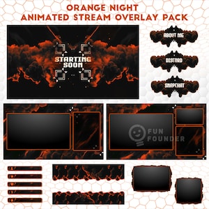 Pacote de sobreposição de fluxo animado Orange Night | Pacote de sobreposição Twitch | Pacote de sobreposição de fluxo animado | Painéis Twitch | Sobreposição de transmissão do YouTube