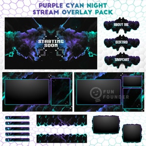 Pacote de sobreposição de fluxo animado Purple Cyan Night | Pacote de sobreposição Twitch roxo esverdeado ciano | Pacote de fluxo roxo e ciano | Painéis Twitch