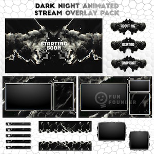 Pacote de sobreposição de transmissão animada Dark Night | Pacote de sobreposição Twitch preto e branco | Pacote de transmissão Dark Night preto | Painéis Twitch | Pacote Youtube