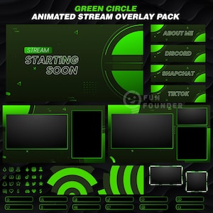 Pacote de sobreposição de fluxo animado do círculo verde | Pacote de sobreposição Twitch | Pacote de sobreposição de fluxo animado | Sobreposição verde do Twitch | Painéis Twitch
