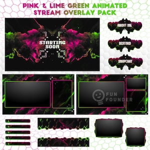 Könnte beinhalten: Animiertes Stream-Overlay-Paket mit rosa und lindgrünen Akzenten. Das Paket enthält einen Startbildschirm, eine Chatbox, ein Social-Media-Panel und ein lustiges Gründerlogo.