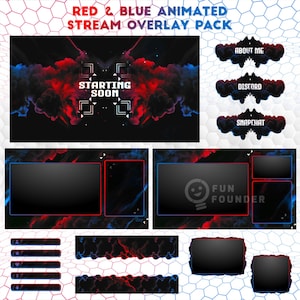 Pacote de sobreposição de fluxo animado de noite vermelha e azul | Pacote de sobreposição Twitch noturno vermelho e azul | Pacote de fluxo de galáxia vermelho azul | Painéis Twitch