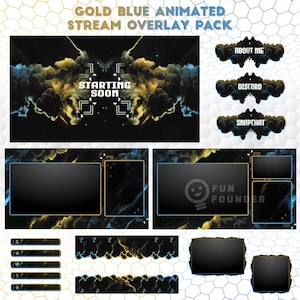 Pacote de sobreposição de fluxo animado azul dourado | Pacote de sobreposição Twitch | Pacote de sobreposição de fluxo animado Gold Blue Night | Painéis Twitch | Pacote YouTube