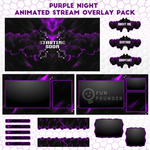 Pacote de sobreposição de fluxo animado Purple Night | Pacote de sobreposição Twitch | Pacote de sobreposição de fluxo animado | Painéis Twitch | Sobreposição animada