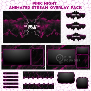 Pacote de sobreposição de fluxo animado Pink Night | Pacote de sobreposição Twitch | Pacote de sobreposição de fluxo animado | Painéis Twitch | Sobreposição de transmissão do YouTube