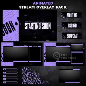 Pacote de sobreposição Twitch | Pacote de sobreposição de fluxo animado violeta | Pacote de sobreposição de fluxo animado roxo | Painéis Twitch | Sobreposição animada