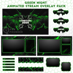 Pacote de sobreposição de fluxo animado Green Night | Pacote de sobreposição Twitch | Pacote de sobreposição de fluxo animado | Painéis Twitch | Sobreposição de transmissão do YouTube