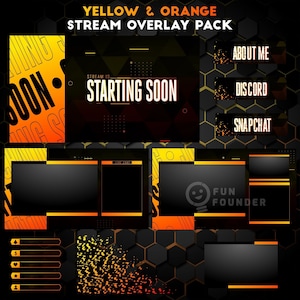 Op de afbeelding: Een set Twitch-stream overlays met een geel en oranje kleurenschema. De overlays omvatten een ​​startscherm, een ​​chatbox, een social media-paneel en een donatiepaneel. De tekst "STREAM IS STARTING SOON" wordt weergegeven op het startscherm. Het social media-paneel bevat pictogrammen voor Discord, Snapchat en Over mij. Het donatiepaneel bevat pictogrammen voor een diamant, een dollarteken, een hart, een ster en een persoon.