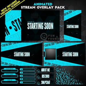 May include: An animated stream overlay pack featuring a black and cyan color scheme with geometric patterns. The text reads "ANIMATED STREAM OVERLAY PACK", "NOW INCLUDES VERTICAL SCREENS", "STREAM IS STARTING SOON", "RECENT DONATION", "RECENT FOLLOWER", "RECENT SUB", "ABOUT ME", "DISCORD", and "SNAPCHAT".