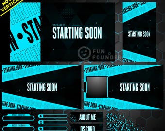 Könnte beinhalten: Ein animiertes Stream-Overlay-Paket mit einem schwarz-cyanfarbenen Farbschema und geometrischen Mustern. Der Text lautet "ANIMATED STREAM OVERLAY PACK", "NOW INCLUDES VERTICAL SCREENS", "STREAM IS STARTING SOON", "RECENT DONATION", "RECENT FOLLOWER", "RECENT SUB", "ABOUT ME", "DISCORD" und "SNAPCHAT".