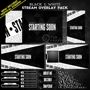 May include: A black and white stream overlay pack featuring multiple screen layouts with the text "STREAM IS STARTING SOON," "RECENT DONATION," "RECENT FOLLOWER," "RECENT SUB," "ABOUT ME," "DISCORD," and "SNAPCHAT" against a geometric triangle pattern.
