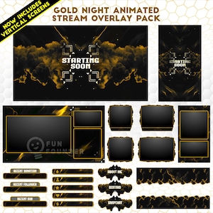 May include: A Gold Night animated stream overlay pack featuring black and gold smoke graphics. Includes horizontal and vertical Starting Soon screens, webcam frames, alert bars, and panels labeled Recent Donation, Follower, Sub, About Me, Discord, and Snapchat.
