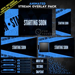 May include: An animated stream overlay pack featuring a dark blue and black geometric theme. The graphics include text that reads "STREAM IS STARTING SOON," "RECENT DONATION," "RECENT FOLLOWER," "RECENT SUB," "ABOUT ME," "DISCORD," and "SNAPCHAT."