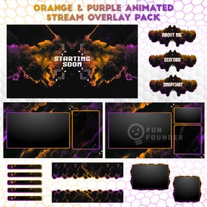 Pode incluir: Um pacote de sobreposição de stream animado em laranja e roxo. O pacote inclui vários elementos, como a tela "Starting Soon", botões de mídia social e molduras de exibição. Os textos "About Me", "Discord" e "Snapchat" são visíveis.