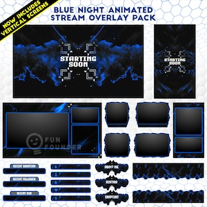 May include: A blue night animated stream overlay pack featuring dark backgrounds with blue smoke effects. Includes horizontal and vertical starting soon screens, various rectangular frames, and labels for recent donations, followers, and subscribers.