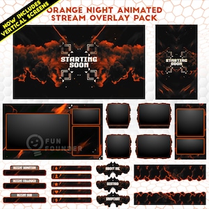 May include: An orange night animated stream overlay pack featuring black backgrounds with orange smoke effects. Includes horizontal and vertical starting soon screens, various rectangular frames for video feeds, and labels for donations, followers, and subs.