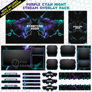 May include: A digital stream overlay pack featuring purple and cyan smoke effects on a black background. Includes horizontal and vertical starting soon screens, various rectangular frames for video feeds, and labels for donations, followers, and subs.