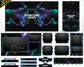 May include: A digital stream overlay pack featuring purple and cyan smoke effects on a black background. Includes horizontal and vertical starting soon screens, various rectangular frames for video feeds, and labels for donations, followers, and subs.