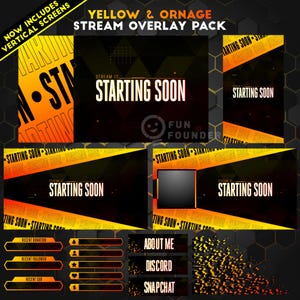 Puede incluir: Un paquete de superposiciones de transmisión amarillo y naranja con el texto "YELLOW & ORANGE STREAM OVERLAY PACK" y "STARTING SOON". El conjunto incluye varios diseños de pantalla, barras horizontales para donaciones y botones.