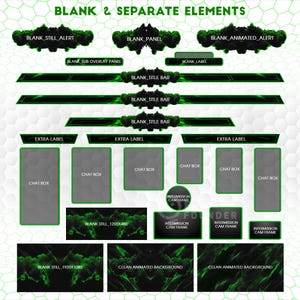May include: A digital overlay set featuring green smoke effects on black backgrounds. Elements include blank title bars, chat boxes, labels, and intermission frames with text labels like BLANK_STILL_ALERT, BLANK_PANEL, and CLEAN ANIMATED BACKGROUND.