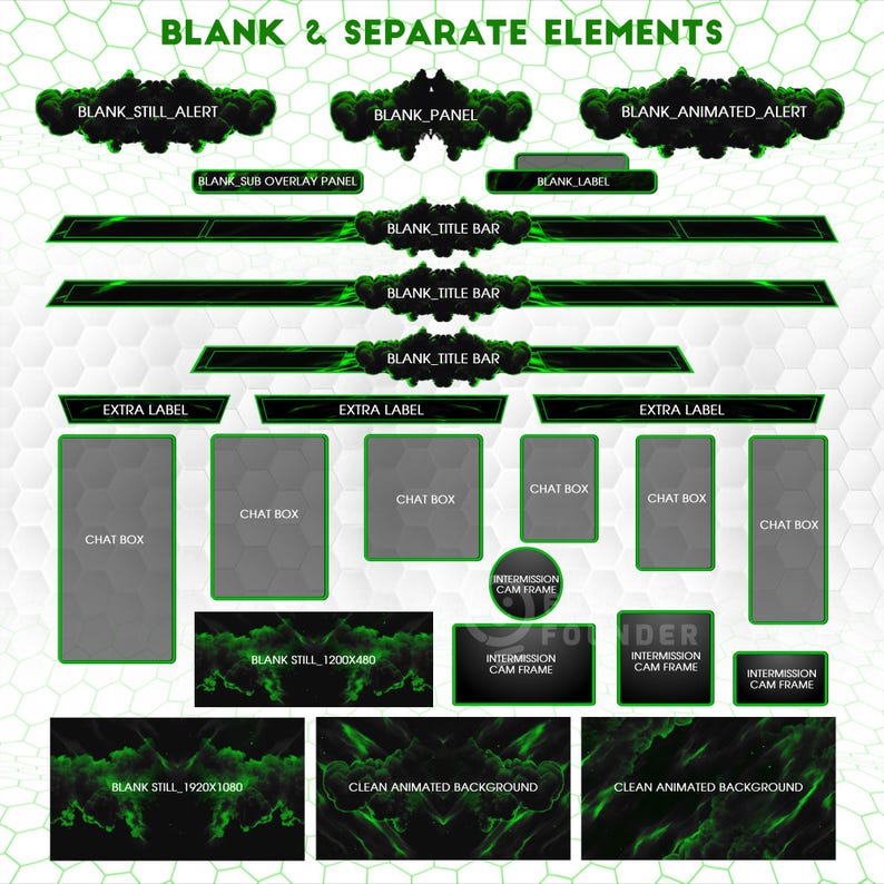 May include: A digital overlay set featuring green smoke effects on black backgrounds. Elements include blank title bars, chat boxes, labels, and intermission frames with text labels like BLANK_STILL_ALERT, BLANK_PANEL, and CLEAN ANIMATED BACKGROUND.