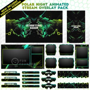 Puede incluir: Un paquete de superposiciones para streaming titulado Polar Night con gráficos de humo verde y negro. Incluye pantallas de inicio, marcos para webcam y barras de información para donaciones, seguidores y suscriptores recientes.