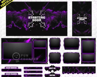 May include: A purple night animated stream overlay pack featuring smoke effects and black backgrounds. Includes horizontal and vertical starting soon screens, various rectangular frames, and labels for recent donations, followers, and subscribers.