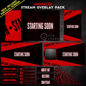 May include: An animated stream overlay pack featuring a black and red color scheme with geometric patterns. The graphics include text that reads "ANIMATED STREAM OVERLAY PACK," "STARTING SOON," "RECENT DONATION," "RECENT FOLLOWER," "RECENT SUB," "ABOUT ME," "DISCORD," and "SNAPCHAT."