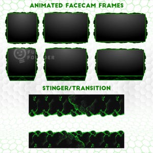 May include: A collection of six rectangular animated facecam frames with black centres and glowing green smoke-like borders, accompanied by two horizontal stinger transition bars featuring the same green smoke effect on a black background.
