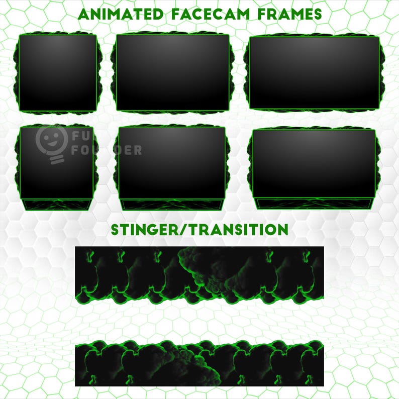 May include: A collection of six rectangular animated facecam frames with black centres and glowing green smoke-like borders, accompanied by two horizontal stinger transition bars featuring the same green smoke effect on a black background.