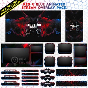 May include: A red and blue animated stream overlay pack featuring smoke effects and geometric frames. The text reads RED & BLUE ANIMATED STREAM OVERLAY PACK, NOW INCLUDES VERTICAL SCREENS, STARTING SOON, RECENT DONATION, RECENT FOLLOWER, RECENT SUB, ABOUT ME, DISCORD, and SNAPCHAT.