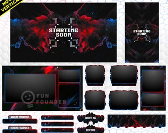 Könnte beinhalten: Ein animiertes Stream-Overlay-Paket in Rot und Blau mit Raucheffekten und geometrischen Rahmen. Der Text lautet Red & Blue Animated Stream Overlay Pack, Starting Soon, Fun Founder, Recent Donation, Recent Follower, Recent Sub, About Me, Discord und Snapchat.