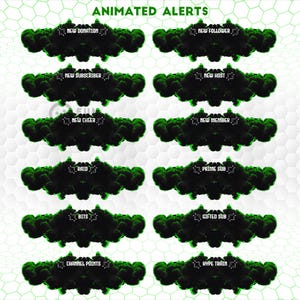 May include: A set of twelve digital animated alert overlays for streaming, featuring black smoke clouds with vibrant green edges. Each graphic includes white text labels: New Donation, New Follower, New Subscriber, New Host, New Cheer, New Member, Raid, Prime Sub, Bits, Gifted Sub, Channel Points, and Hype Train.