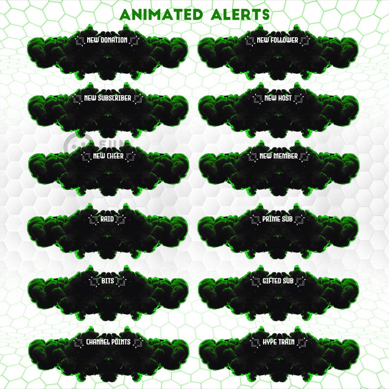 May include: A set of twelve digital animated alert overlays for streaming, featuring black smoke clouds with vibrant green edges. Each graphic includes white text labels: New Donation, New Follower, New Subscriber, New Host, New Cheer, New Member, Raid, Prime Sub, Bits, Gifted Sub, Channel Points, and Hype Train.