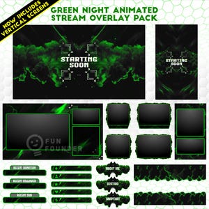 Peut inclure: Un pack de superpositions pour streaming numérique avec un thème de fumée noire et verte. Comprend des écrans de démarrage horizontaux et verticaux, divers cadres rectangulaires pour flux vidéo et des barres étiquetées pour les dons récents.