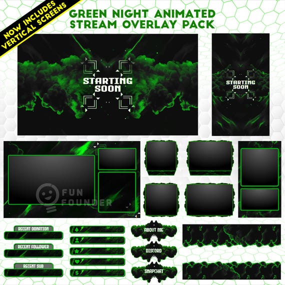 Green Night Animated Stream Overlay Pack | Twitch Overlay Package | Vertical Stream Overlay Package | Twitch Panels | YouTube Stream Overlay